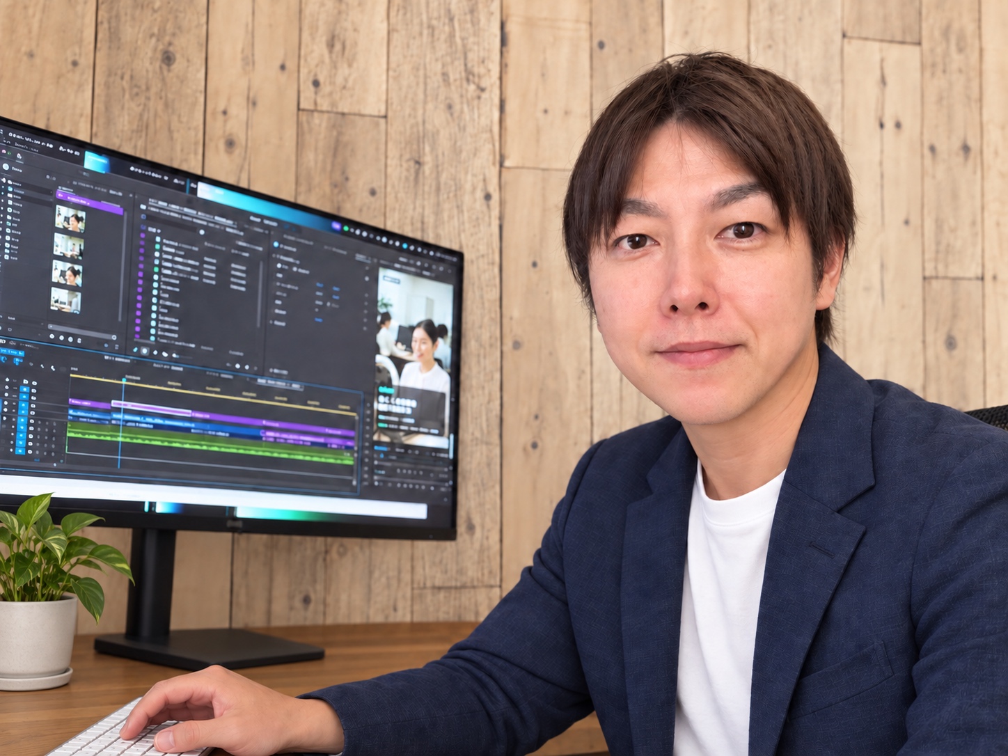 編集デスクで制作に向き合う和心映像工房代表の藤原真吾